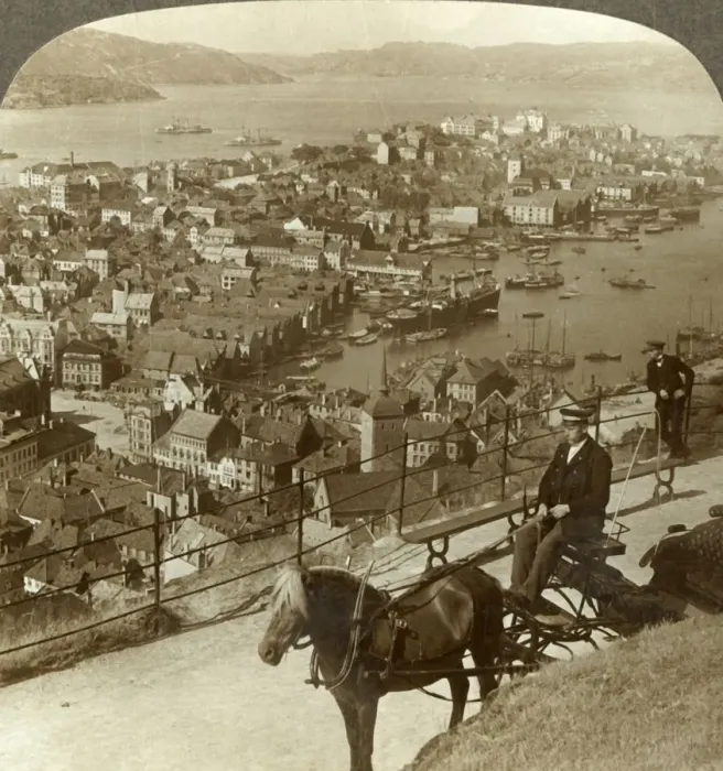 Framed Print : Bergen, west from the Floifjeld, over the harbor (right) and Puddefjord (distant) Framed Print : Bergen, west from the Floifjeld, over the harbor (right) and Puddefjord (distant)