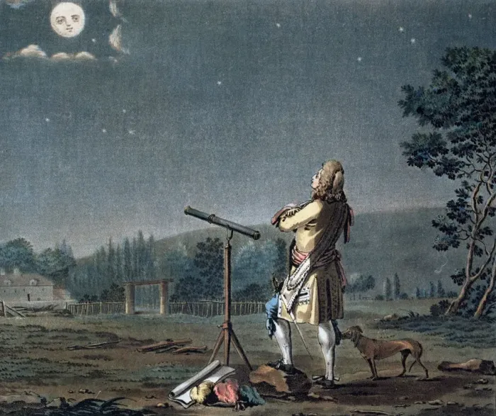 Framed Print : Bernard le Bovier de Fontenelle contemplating the plurality of worlds, 1791. Artist Framed Print : Bernard le Bovier de Fontenelle contemplating the plurality of worlds, 1791. Artist