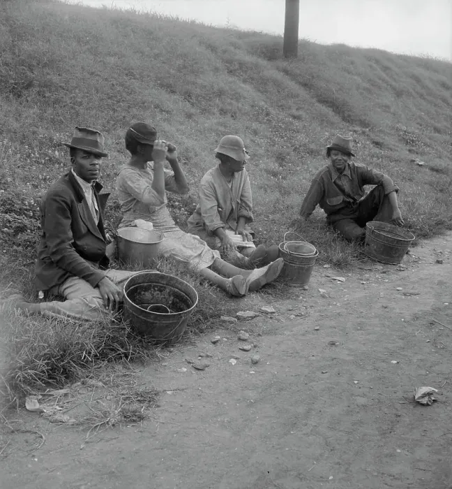 Framed Print : Berry pickers at 5 am, waiting for the truck to haul them to work, Memphis, Tennessee, 1938. Creator: Dorothea Lange Framed Print : Berry pickers at 5 am, waiting for the truck to haul them to work, Memphis, Tennessee, 1938. Creator: Dorothea Lange