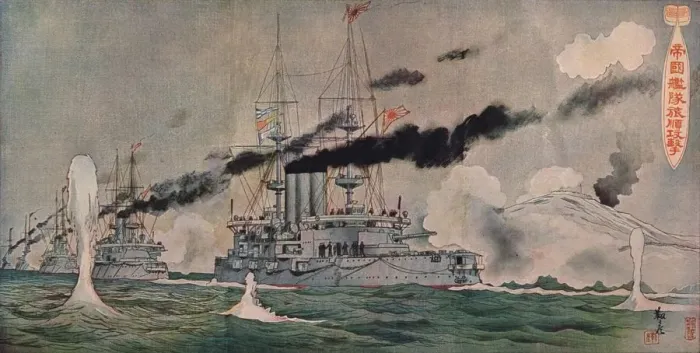 Framed Print : Beschiessung von Port Arthur durch die Japaner, c1905 Framed Print : Beschiessung von Port Arthur durch die Japaner, c1905