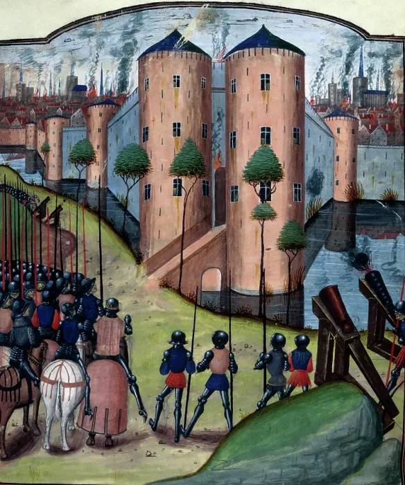Framed Print : A besieging army sets fire to a city, c1470. Creator: Unknown Framed Print : A besieging army sets fire to a city, c1470. Creator: Unknown