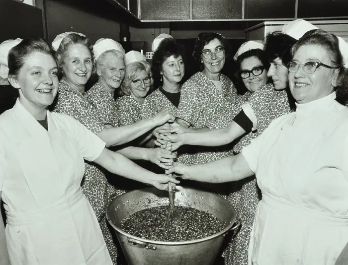 Framed Print : Bessemer Grange School, Camberwell, London: kitchen staff make Christmas puddings, 1970. Creator: Unknown Framed Print : Bessemer Grange School, Camberwell, London: kitchen staff make Christmas puddings, 1970. Creator: Unknown