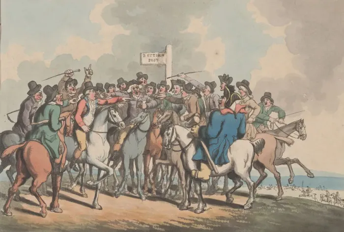 Framed Print : Betting [The Betting Post], January 1, 1799. January 1, 1799. Creator: Thomas Rowlandson