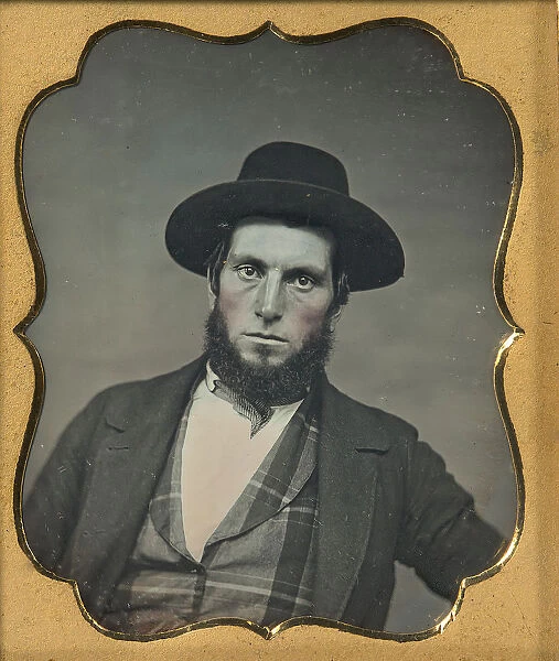 Bewhiskered Man in Hat and Plaid Vest, 1850s. Creator: Unknown