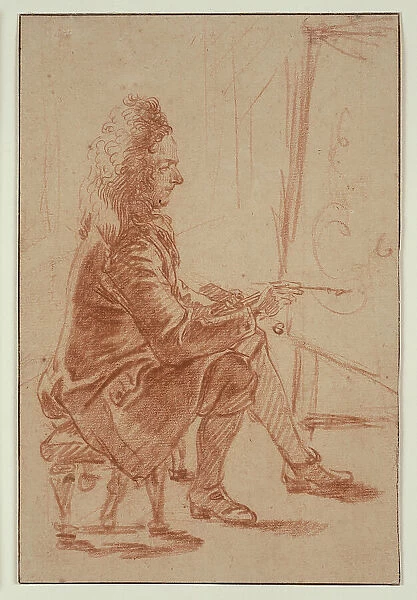 A Bewigged Painter (Possibly Claude Audran), Seated at his Easel, Seen in Profile, c. 1709. Creator: Jean-Antoine Watteau