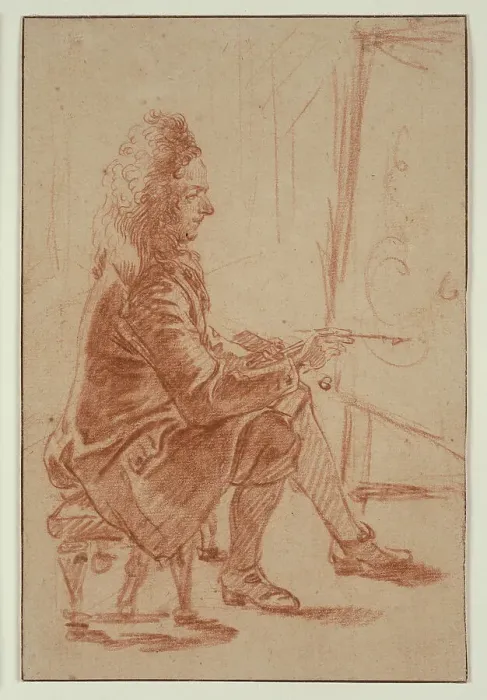 Framed Print : A Bewigged Painter (Possibly Claude Audran), Seated at his Easel, Seen in Profile, c. 1709. Creator: Jean-Antoine Watteau Framed Print : A Bewigged Painter (Possibly Claude Audran), Seated at his Easel, Seen in Profile, c. 1709. Creator: Jean-Antoine Watteau