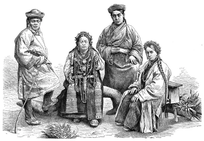 Framed Print : Bhutia (Bhutanese) costumes, 1895. Artist: Pranishnikoff Framed Print : Bhutia (Bhutanese) costumes, 1895. Artist: Pranishnikoff