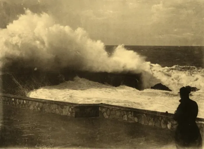 Framed Print : Biarritz - Effet de vague a la digue du Rocher de la Vierge, c1930. Creator: Unknown Framed Print : Biarritz - Effet de vague a la digue du Rocher de la Vierge, c1930. Creator: Unknown