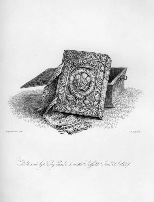 Framed Print : Bible used by King Charles I on the scaffold, 30th January 1649, (1840). Artist: C J Smith Framed Print : Bible used by King Charles I on the scaffold, 30th January 1649, (1840). Artist: C J Smith