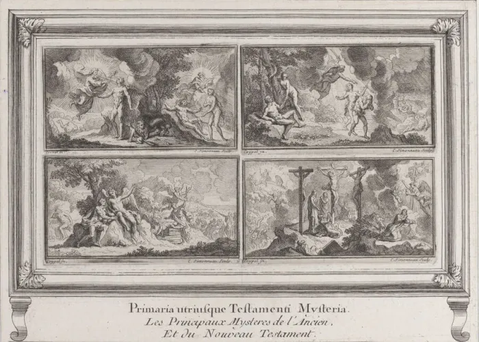 Framed Print : Four Biblical scenes: the main mysteries of the Old and New Testaments (Les principau Framed Print : Four Biblical scenes: the main mysteries of the Old and New Testaments (Les principau