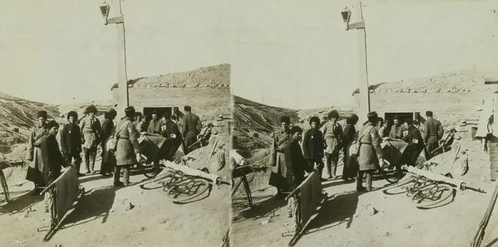 Framed Print : Bicycle stretchers bringing Russian wounded to a surgical station -- siege of Port Arthur, c1905. Creator: Underwood & Underwood. Bicycle stretchers bringing Russian wounded to a surgical station -- siege of Port Arthur, c1905