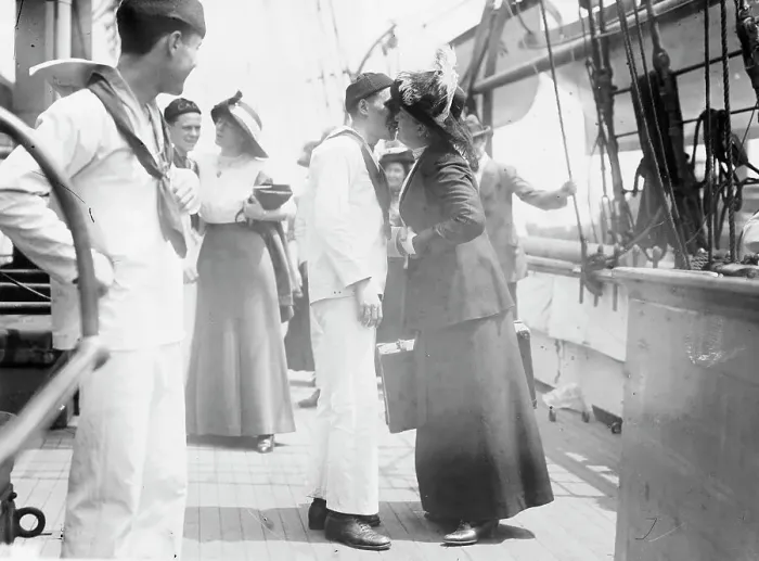Framed Print : Bidding good-bye to young sailor on USS Newport, between c1910 and c1915. Creator: Bain News Service Framed Print : Bidding good-bye to young sailor on USS Newport, between c1910 and c1915. Creator: Bain News Service