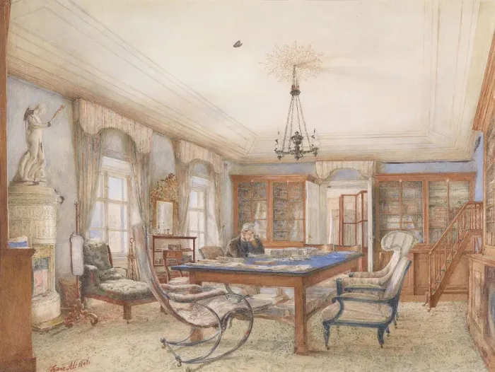 Framed Print : Biedermeier interior with a man sitting at a table, 1846 Framed Print : Biedermeier interior with a man sitting at a table, 1846