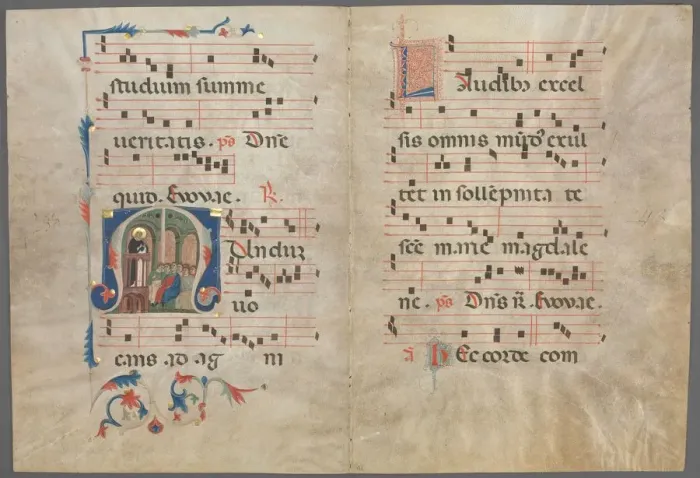 Framed Print : Bifolium from an Antiphonary: Initial M with Saint Dominic Preaching, c. 1320-1340