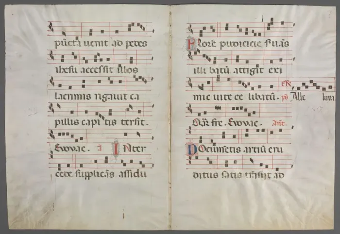 Framed Print : Bifolium from an Antiphonary: Music, c. 1320-1340. Creator: Primo Miniatore di San Domenico Framed Print : Bifolium from an Antiphonary: Music, c. 1320-1340. Creator: Primo Miniatore di San Domenico
