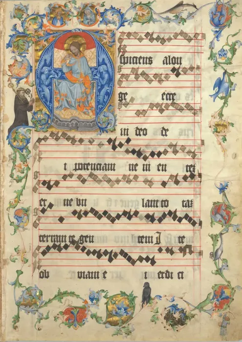 Framed Print : Bifolium with Christ in Majesty in an Initial A, from an Antiphonary, ca. 1405. Creator: Unknown