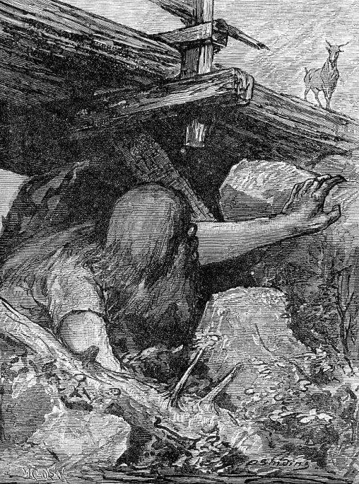 Framed Print : The Big Billy-Goat and the Troll: from 'Round The Yule Log:' Norwegian Folk and Fairy Tales, 1881. Creator: Otto Sinding Framed Print : The Big Billy-Goat and the Troll: from 'Round The Yule Log:' Norwegian Folk and Fairy Tales, 1881. Creator: Otto Sinding