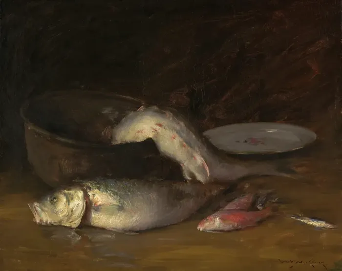Framed Print : Big Copper Kettle and Fish (Fish), about 1914. Creator: William Merritt Chase