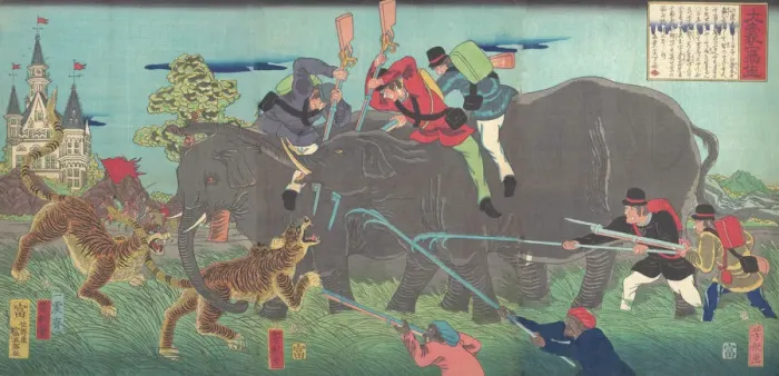 Framed Print : Big Elephants Being Attacked, 2nd month, 1863. 2nd month, 1863. Creator: Isshinsai Yoshikata Framed Print : Big Elephants Being Attacked, 2nd month, 1863. 2nd month, 1863. Creator: Isshinsai Yoshikata