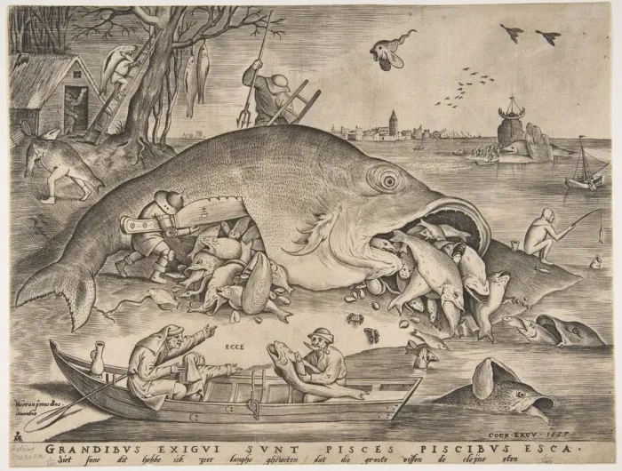 Framed Print : Big Fish Eat Little Fish, 1557. Creators: Pieter van der Heyden, Pieter Bruegel the Elder Framed Print : Big Fish Eat Little Fish, 1557. Creators: Pieter van der Heyden, Pieter Bruegel the Elder