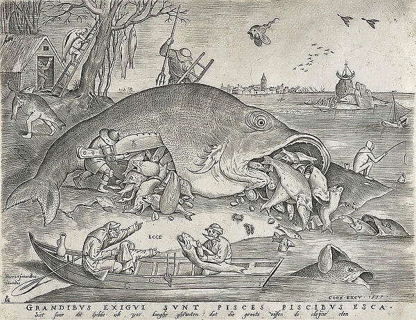 Big Fish Eat Little Fish, published 1557. Creator: Pieter van der Heyden