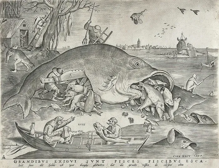 Framed Print : Big Fish Eat Little Fish, published 1557. Creator: Pieter van der Heyden Framed Print : Big Fish Eat Little Fish, published 1557. Creator: Pieter van der Heyden