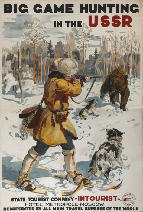 Framed Print : Big Game Hunting in the USSR (Poster of the Intourist company), 1931. Artist: Savitsky, Georgi Konstantinovich (1887-1949) Framed Print : Big Game Hunting in the USSR (Poster of the Intourist company), 1931. Artist: Savitsky, Georgi Konstantinovich (1887-1949)