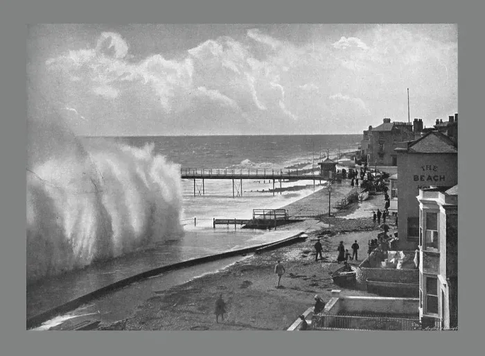Framed Print : A Big Sea at Bognor. c1900. Artist: Poulton & Co Framed Print : A Big Sea at Bognor. c1900. Artist: Poulton & Co