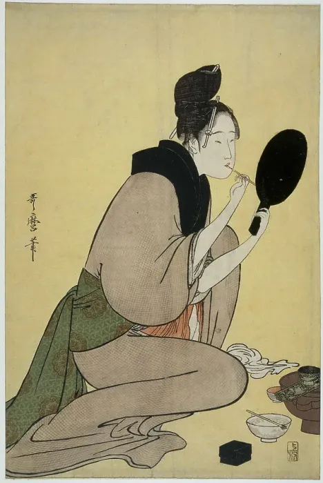 Framed Print : Bijin-ga. Girl applying makeup to her lips. Artist: Utamaro, Kitagawa (1753-1806) Framed Print : Bijin-ga. Girl applying makeup to her lips. Artist: Utamaro, Kitagawa (1753-1806)
