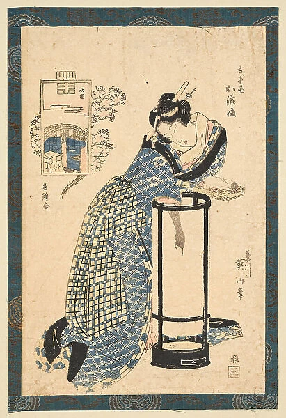 Bijin in front of a Maruandon, dressed in yukata. Creator: Eizan, Kikukawa (1787-1867)