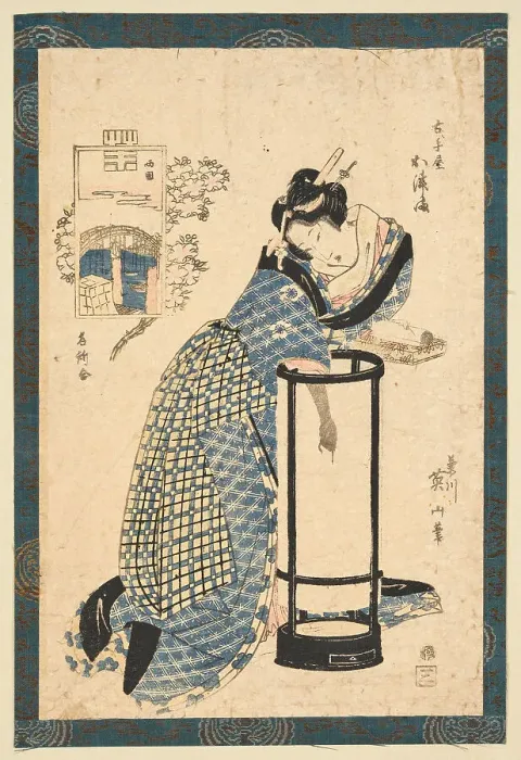 Framed Print : Bijin in front of a Maruandon, dressed in yukata. Creator: Eizan, Kikukawa (1787-1867) Framed Print : Bijin in front of a Maruandon, dressed in yukata. Creator: Eizan, Kikukawa (1787-1867)