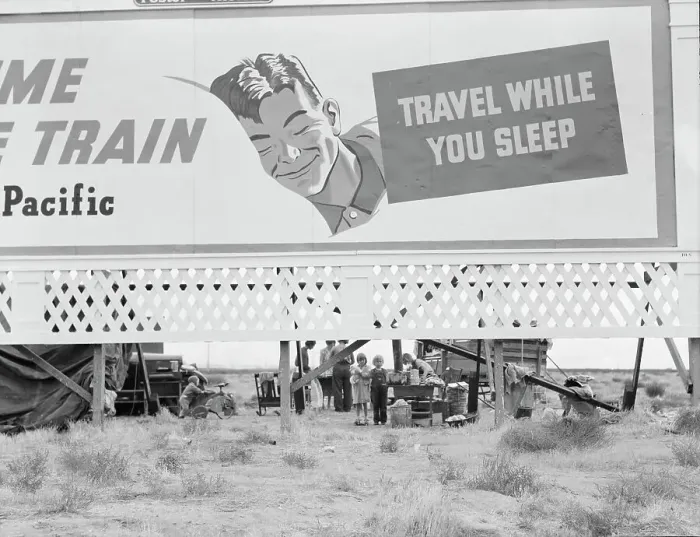 Framed Print : Billboard along U.S. 99 behind which three destitute families... Kern County, California, 1938. Creator: Dorothea Lange Framed Print : Billboard along U.S. 99 behind which three destitute families... Kern County, California, 1938. Creator: Dorothea Lange