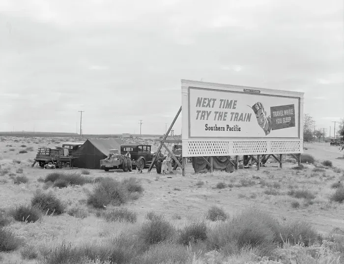 Framed Print : Billboard along U.S. 99...three destitute families...Kern County, CA, 1938. Creator: Dorothea Lange Framed Print : Billboard along U.S. 99...three destitute families...Kern County, CA, 1938. Creator: Dorothea Lange