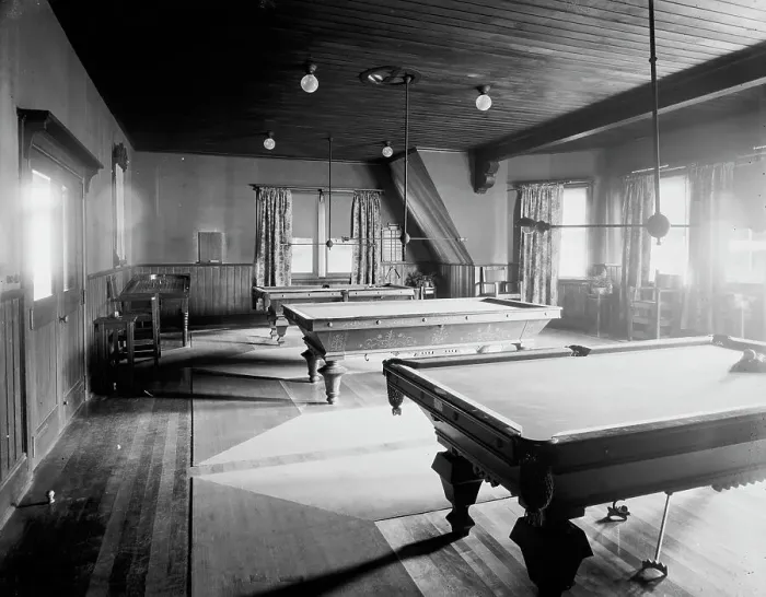 Framed Print : Billiard hall, Paul Smith's casino, Adirondack Mountains, between 1900 and 1905. Creator: Unknown