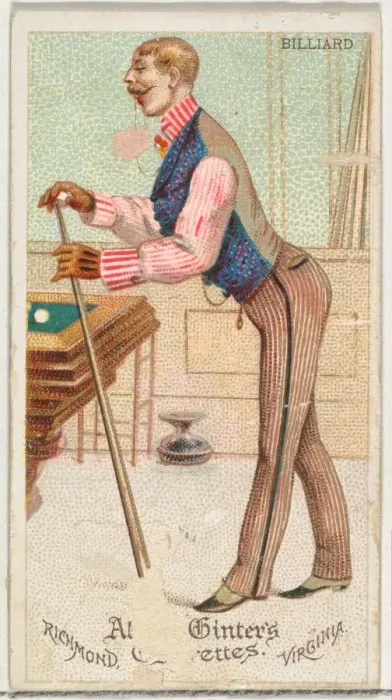 Framed Print : Billiard, from Worlds Dudes series (N31) for Allen & Ginter Cigarettes, 1888 Framed Print : Billiard, from Worlds Dudes series (N31) for Allen & Ginter Cigarettes, 1888