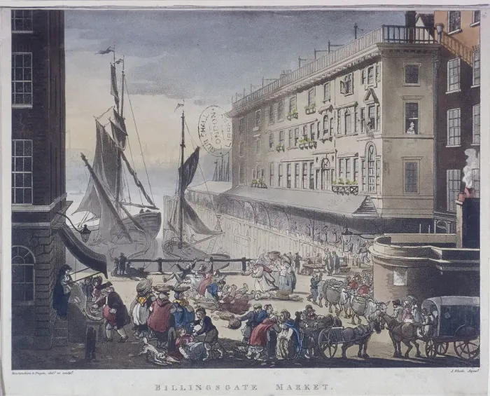Framed Print : Billingsgate Market and Wharf, London, 1808. Artist: J Bluck Framed Print : Billingsgate Market and Wharf, London, 1808. Artist: J Bluck