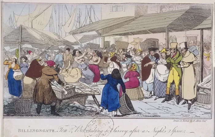 Framed Print : Billingsgate: Tom and Bob taking a survey after a nights spree, London, 1820 Framed Print : Billingsgate: Tom and Bob taking a survey after a nights spree, London, 1820