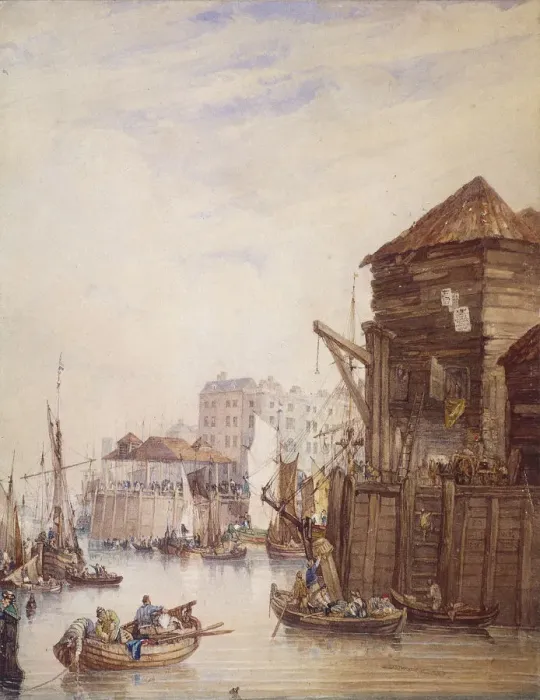 Framed Print : Billingsgate Wharf, London, 1820. Artist: Samuel Owen Framed Print : Billingsgate Wharf, London, 1820. Artist: Samuel Owen
