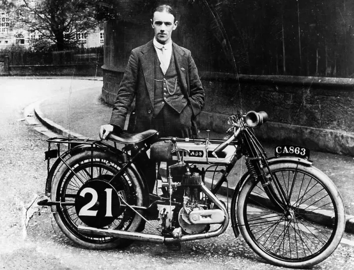 Framed Print : Billy Jones with an AJS motorbike, 1914 Framed Print : Billy Jones with an AJS motorbike, 1914