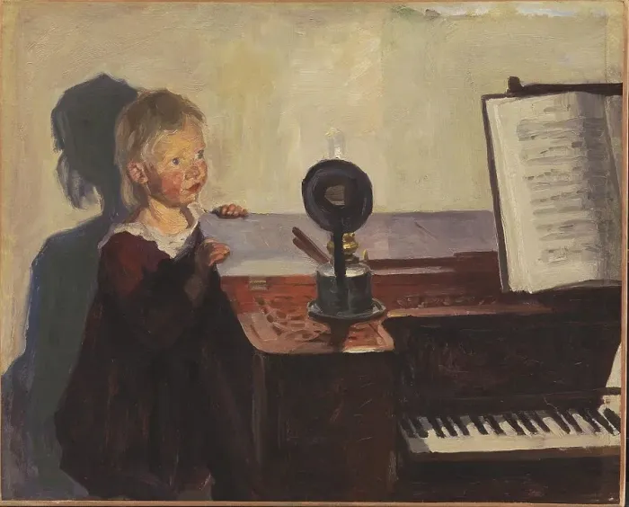 Framed Print : Bimse at the piano, 1902. Creator: Peter Hansen Framed Print : Bimse at the piano, 1902. Creator: Peter Hansen