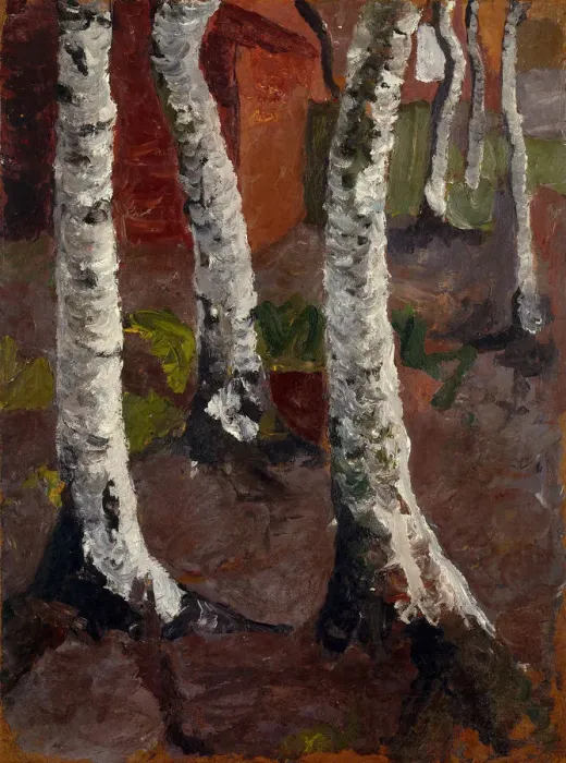 Framed Print : Birch trees in front of red house wall, ca 1901 Framed Print : Birch trees in front of red house wall, ca 1901