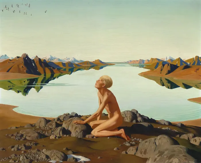 Framed Print : The Bird Flight (Boy At A Mountain Lake), 1932. Creator: Reyl-Hanisch, Herbert von (1898-1937) Framed Print : The Bird Flight (Boy At A Mountain Lake), 1932. Creator: Reyl-Hanisch, Herbert von (1898-1937)