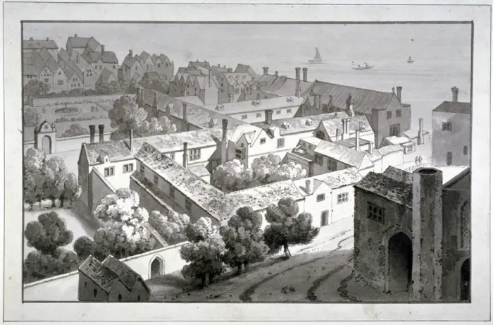 Framed Print : Bird s-eye view of the Bishop of Winchesters palace, Southwark, London, c1820 Framed Print : Bird s-eye view of the Bishop of Winchesters palace, Southwark, London, c1820