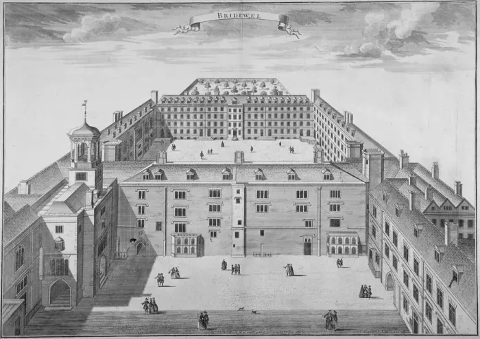 Framed Print : Bird s-eye view of Bridewell with figures walking in the quadrangle, City of London, 1750 Framed Print : Bird s-eye view of Bridewell with figures walking in the quadrangle, City of London, 1750