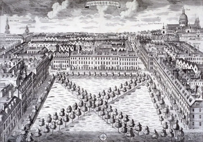 Framed Print : Bird s-eye view of Charterhouse Square, Finsbury, London, c1750. Artist: Sutton Nicholls Framed Print : Bird s-eye view of Charterhouse Square, Finsbury, London, c1750. Artist: Sutton Nicholls