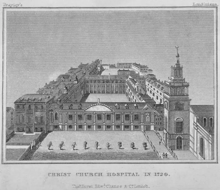Framed Print : Bird s-eye view of Christs Hospital as it was in 1720, City of London, 1829. Artist Framed Print : Bird s-eye view of Christs Hospital as it was in 1720, City of London, 1829. Artist