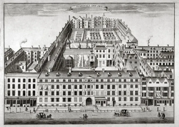 Framed Print : Bird s-eye view of Furnivals Inn, Holborn, City of London, c1750. Artist Framed Print : Bird s-eye view of Furnivals Inn, Holborn, City of London, c1750. Artist