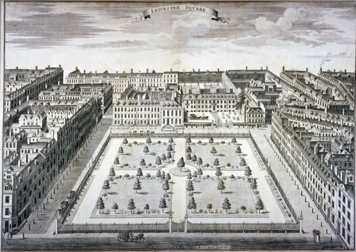 Framed Print : Bird s-eye view of Leicester Square, Westminster, London, c1750. Artist: Sutton Nicholls Framed Print : Bird s-eye view of Leicester Square, Westminster, London, c1750. Artist: Sutton Nicholls
