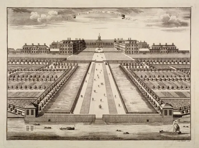 Framed Print : Bird s-eye view of the Royal Hospital, Chelsea, London, c1750. Artist: Sutton Nicholls Framed Print : Bird s-eye view of the Royal Hospital, Chelsea, London, c1750. Artist: Sutton Nicholls