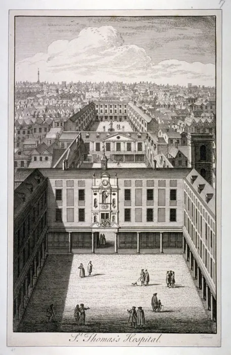 Framed Print : A bird s-eye view of St Thomass Hospital in Southwark, London, c1825. Artist: Toms Framed Print : A bird s-eye view of St Thomass Hospital in Southwark, London, c1825. Artist: Toms